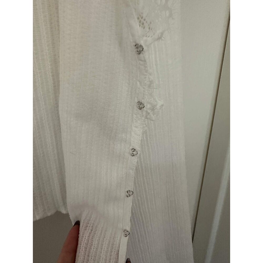 Commense White Ribbed Lace Trim Hook Front Long Sleeve Crop Top Small Boho Fairy - Picture 8 of 9
